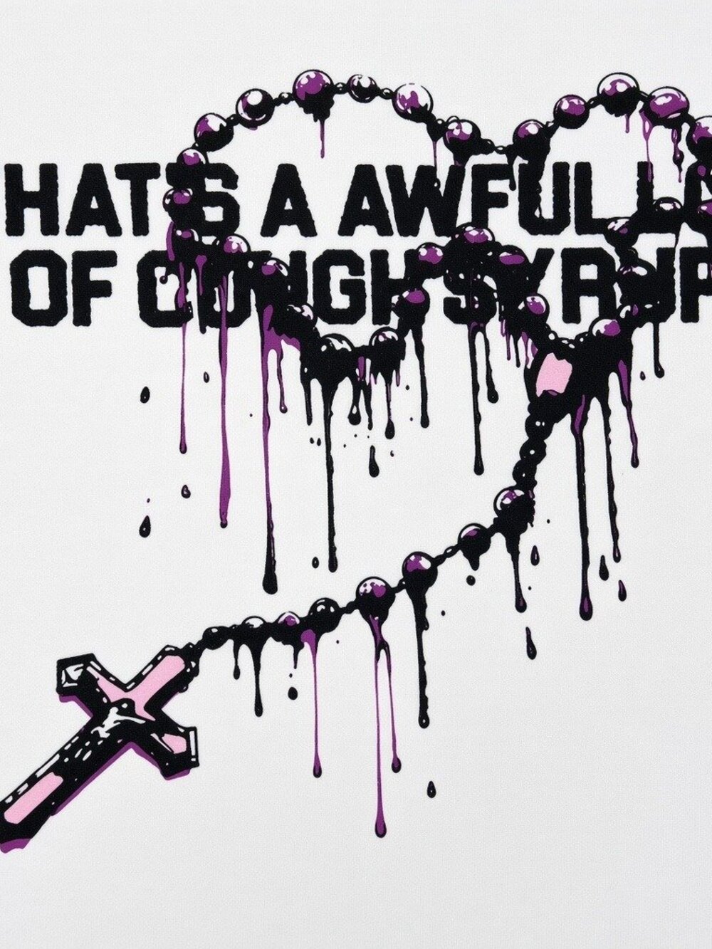 Awful Lot Of Cough Syrup Dripping Heart Rosary White Graphic Tee | Streetwear